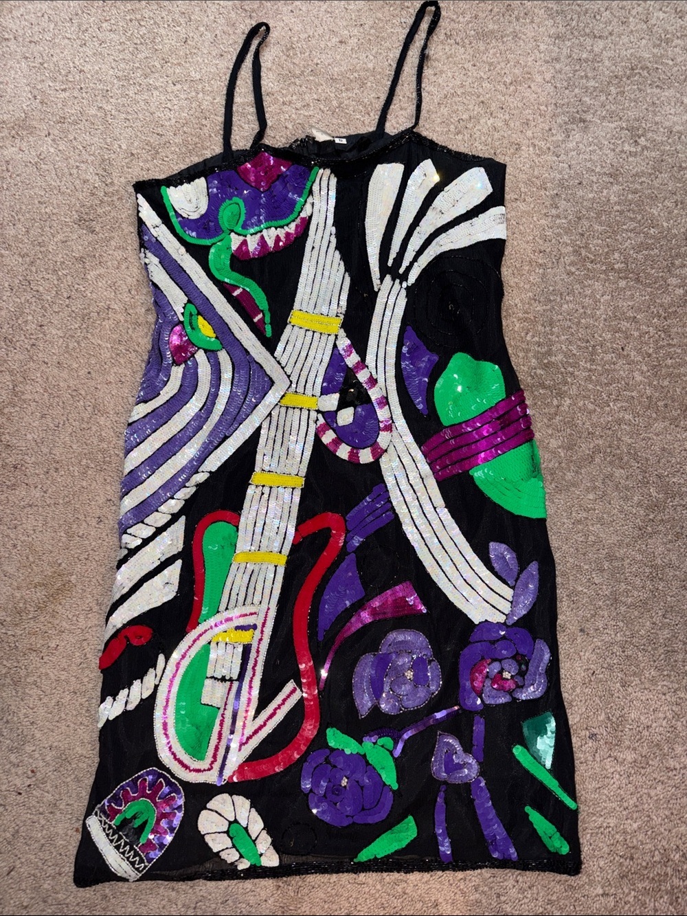 RARE Vintage 80s Rockstar Guitar Sequin Dress 100% Silk Novelty Beaded Mini 12